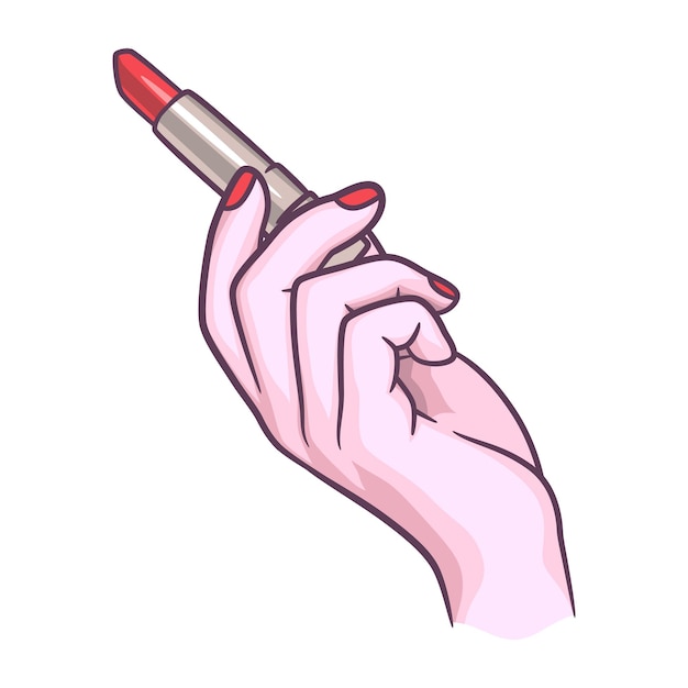벡터 립스틱 벡터 삽화를 들고 있는 여성의 손, 우아한 여성의 손이 빨간 립스틱을 들고 있다