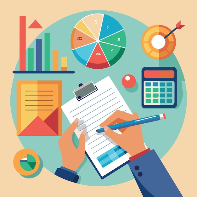 Vettore donna con la penna in mano che rivede un grafico a torta e un rapporto di informazioni grafiche con una calcolatrice in ufficio