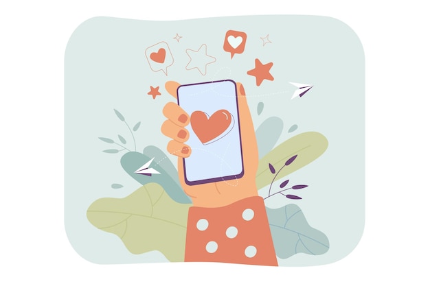 Vector female hand holding phone with heart on screen isolated flat illustration.