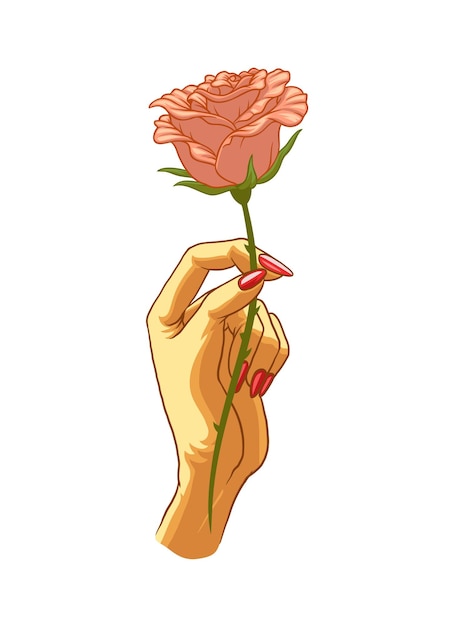 Vettore mano femminile che tiene una rosa in stile vintage colorato