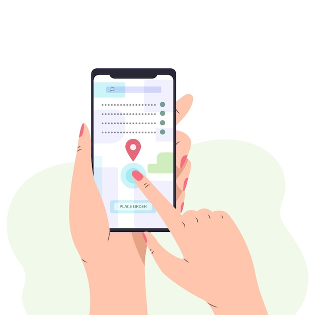 画面上の都市地図とスマートフォンを持っている女性の手指タッチスクリーン