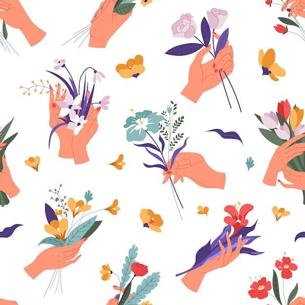 Female hand holding spring and summer blooming, seamless pattern of bouquets and decorative foliage. Tulips and roses, daisies and leafage. Holidays celebration and greeting. Vector in flat style