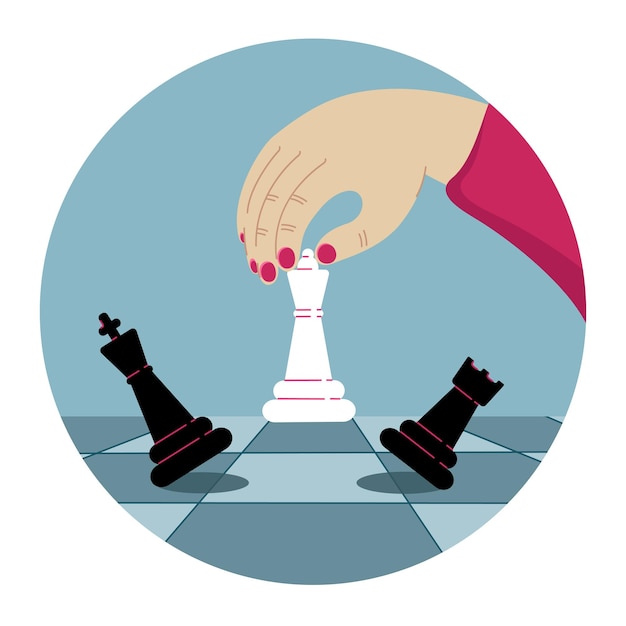 Female hand holding white queen figure woman playing chess business strategy concept flat design