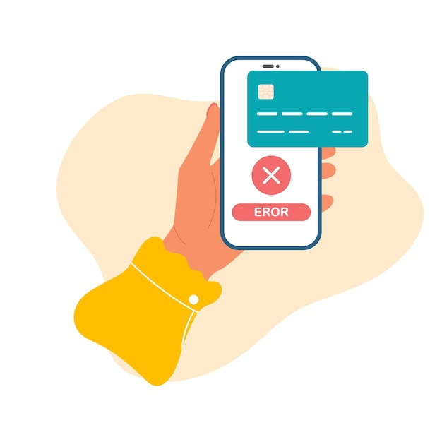 Female hand holds a phone with error payment on screen Contactless online payment VectorxD