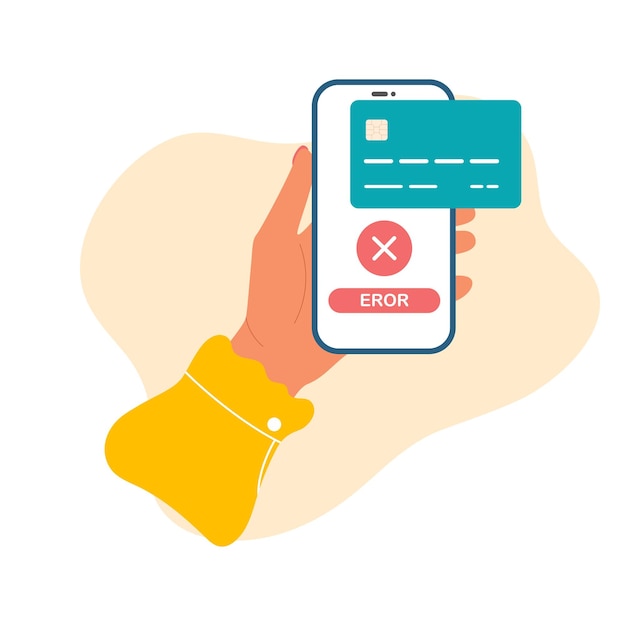 画面にエラーの支払いが表示された携帯電話を握っている女性の手は ⁇ コンタクトレスオンライン支払いVectorxD