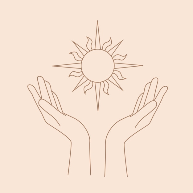 Vector female hand logo in a minimal linear style vector logo with hand and sun