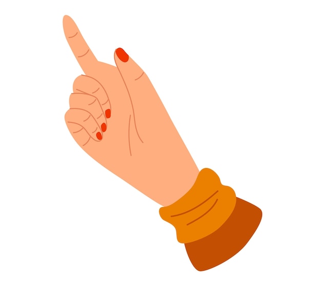 Вектор Женская рука, указывающая вверх одним пальцем, с оранжевым браслетом и красным лаком для ногтей, жест внимания