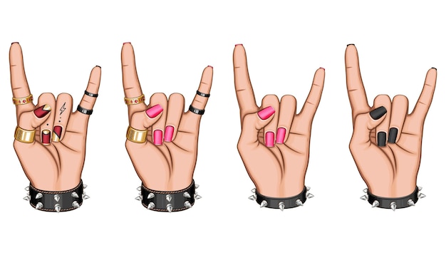 Vector female hand in rock gesture illustration heavy metal sign female hand with beautiful manicure and