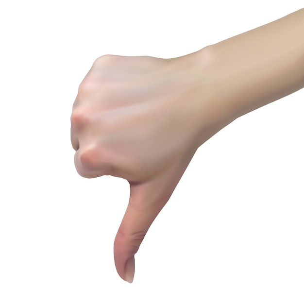 Vector female hand shows dislike with thumbs down, rejection concept.