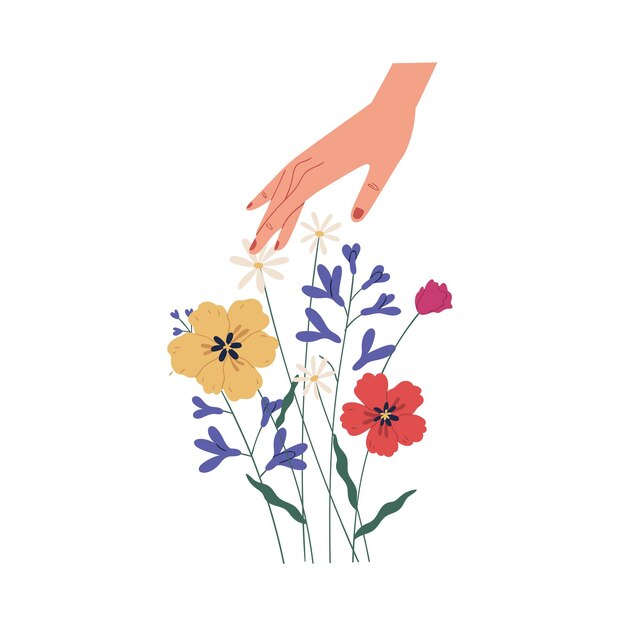 Vector female hand touching summer bouquet of gorgeous wild or field flowers