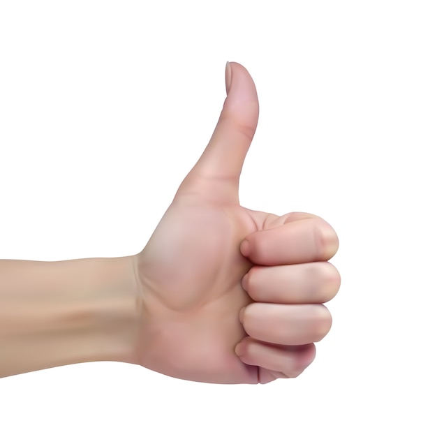 Female hand on a white background shows thumb up sign