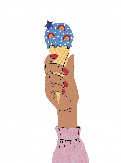 Vector a female hand with a beautiful manicure holds an ice-cream. illustration