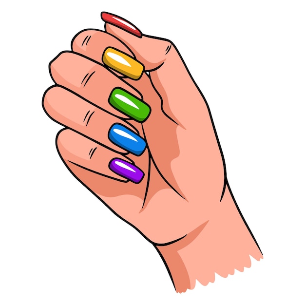 Vettore mano femminile con una manicure completata. unghie dipinte. illustrazioni vettoriali in stile cartone animato per il design e la decorazione.