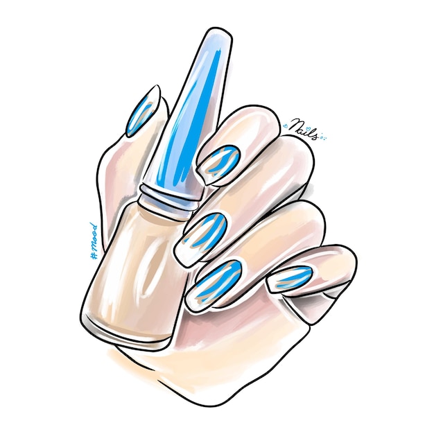 Female hand with long nails holds nail polish trendy nail design