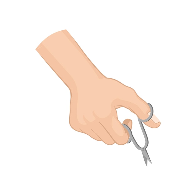 Female hand with nail scissors Hand care and manicure theme Flat vector element for advertising poster of beauty center