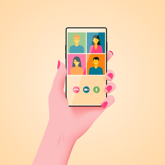 Female hand with a phone on which a video conference or group video call is launched. icons with people faces.