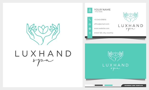 Female hands gesture line and rose flower  logo  design template. simple minimal linear style with business card template