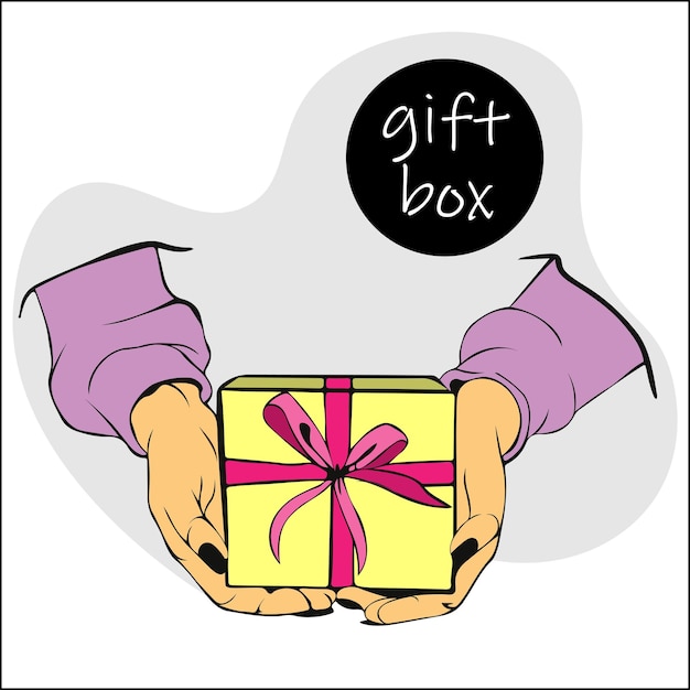 Vector female hands hold gift box with ribbon and bow concept of giving gifts and receiving surprise