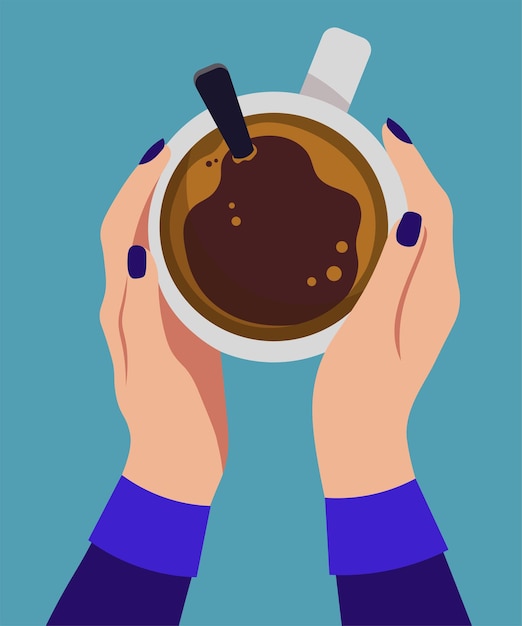 Vector female hands holding cup of coffee blue background vector illustration in flat style