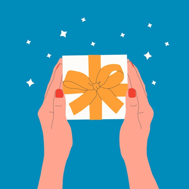 Female hands holding gift present box with ribbon and bow Gift interchange Give away Birthday