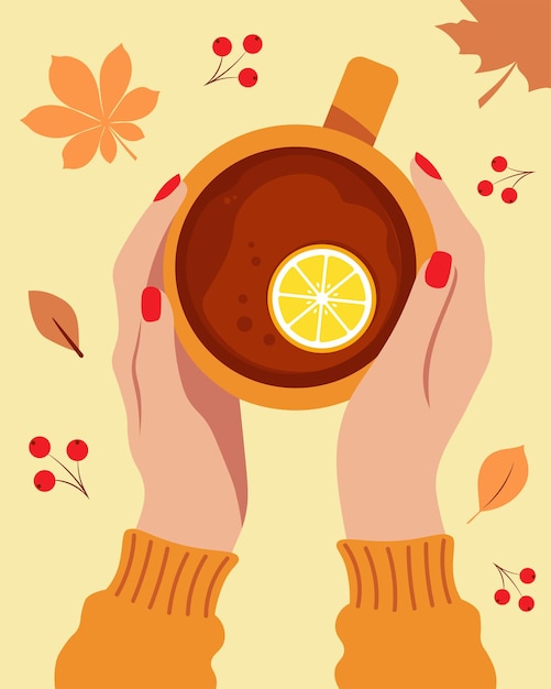 Female hands holding mug autumn cozy vector illustration in flat style