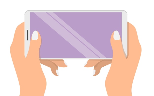 Female hands holding smartphone flat vector illustration hands interacting with mobile phone horizon...