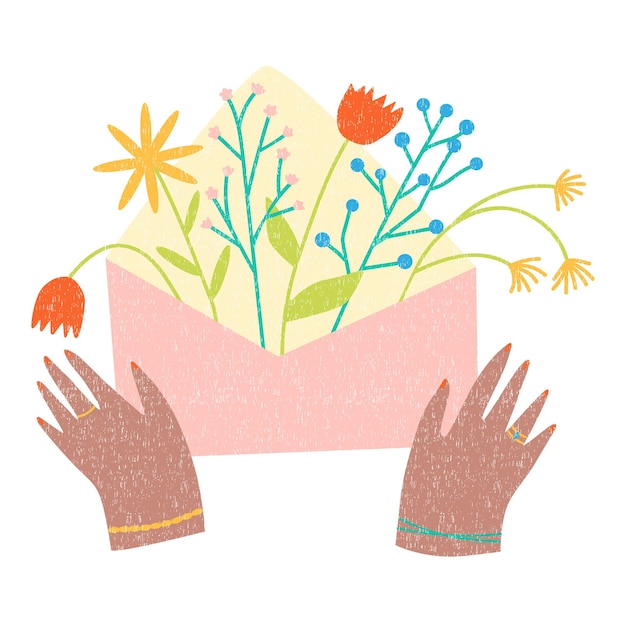 Вектор Женские руки держат конверт с цветами внутри плоская мультяшная векторная иллюстрация для романтической или поздравительной открытки