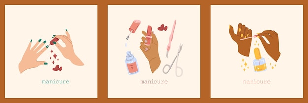 Mani femminili e accessori per manicure illustrazione vettoriale di chiodi di vernice che lucidano i chiodi impostati