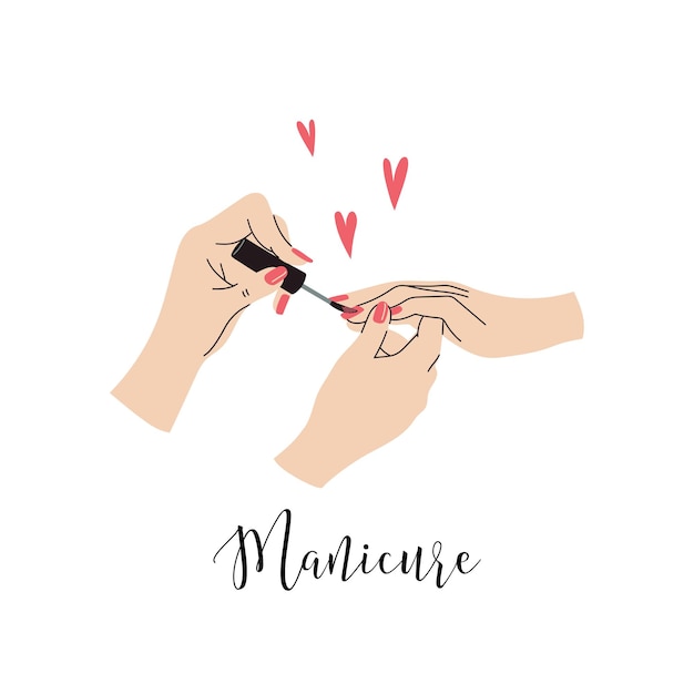 Mani femminili che dipingono e lucidano le unghie. concetto di manicure. scarabocchiare, vettore, illustrazione