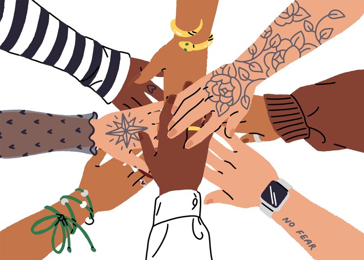 Vector female hands together diverse women work in team involvement in community trust support in teamwork concept people put arms in circle flat isolated vector illustration on white background