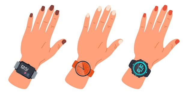 Mani femminili che indossano orologi da polso cartoon donna mani con orologi al quarzo analogici ed elettronici set di illustrazioni vettoriali piatte