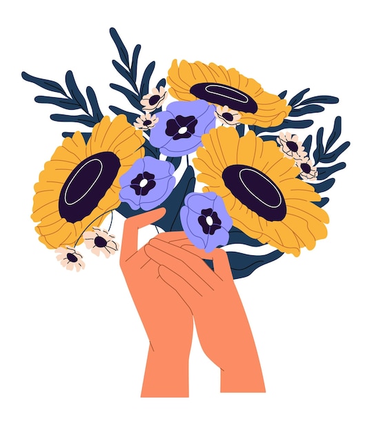 Vector female hands with bouquet of cut sunflowers woman holds posy of blossom garden plants sprigs of windflowers flowers floral composition nature gift flat isolated vector illustration on white