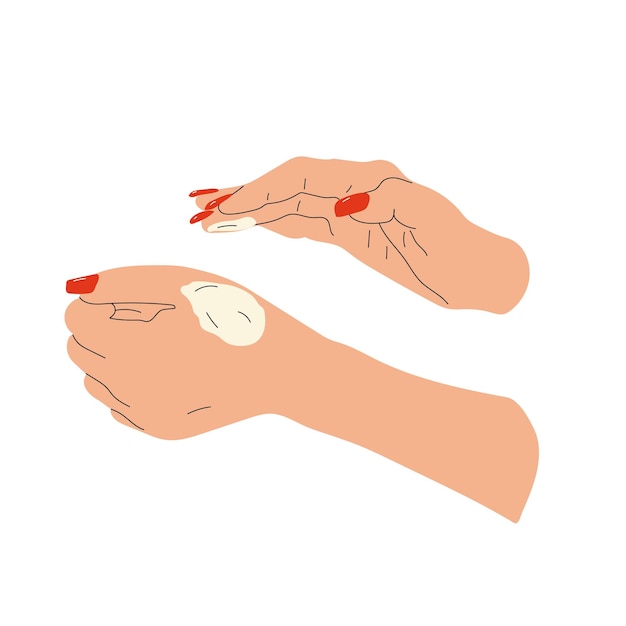 Женские руки со сливками. Женщина наносит лечебный лосьон. Векторная иллюстрация от руки