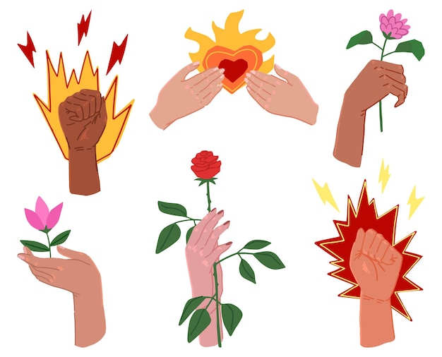 Женские руки с цветами сильный жест горящее сердце феминизм любит себя концепция мультфильм векторный набор иллюстраций плоские простые клипарты, изолированные на белом
