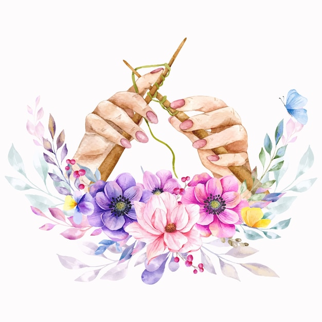 Vector female hands with knitting needles and florals