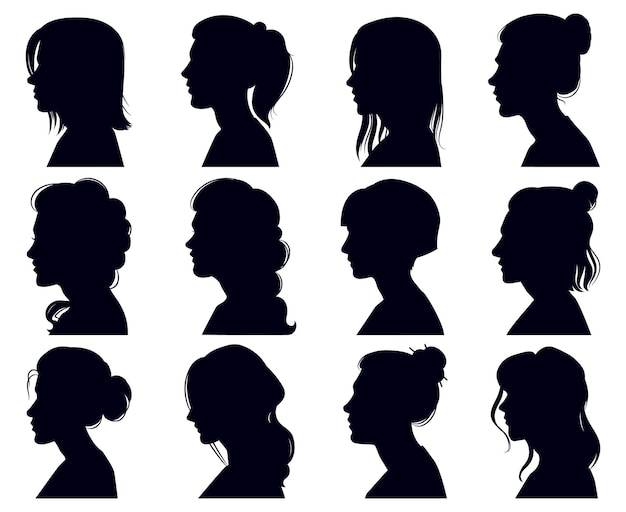 Vector female head silhouette. women faces profile portraits, adult female anonymous characters face silhouettes