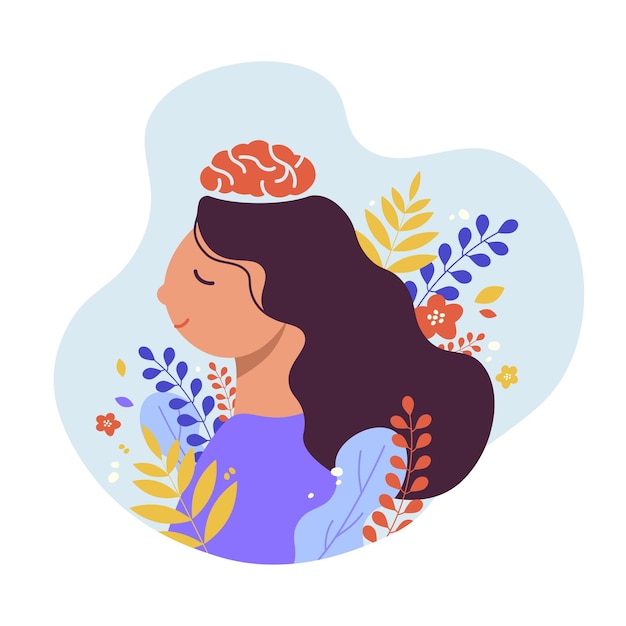 female head with brain flowers and leaves world mental health day