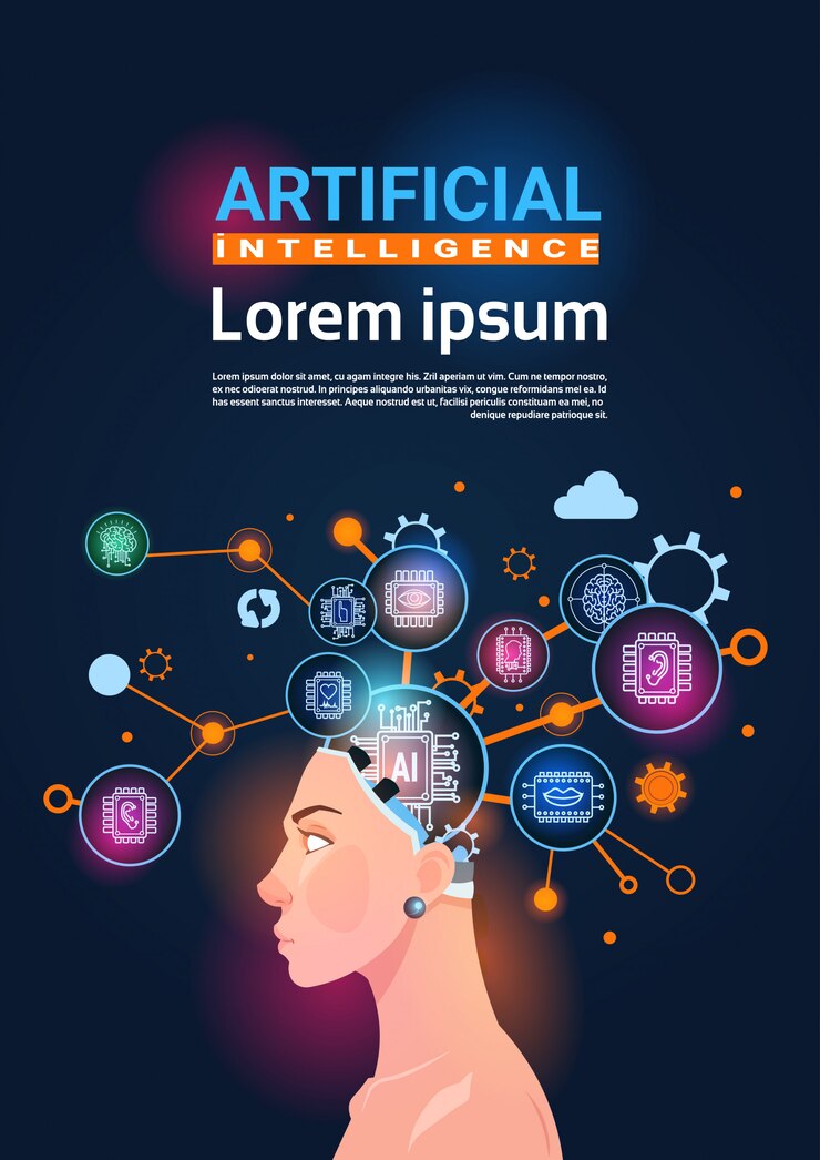 Vector female head with cyber brain cog wheel and gears concept of artificial intelligence vertical banner 