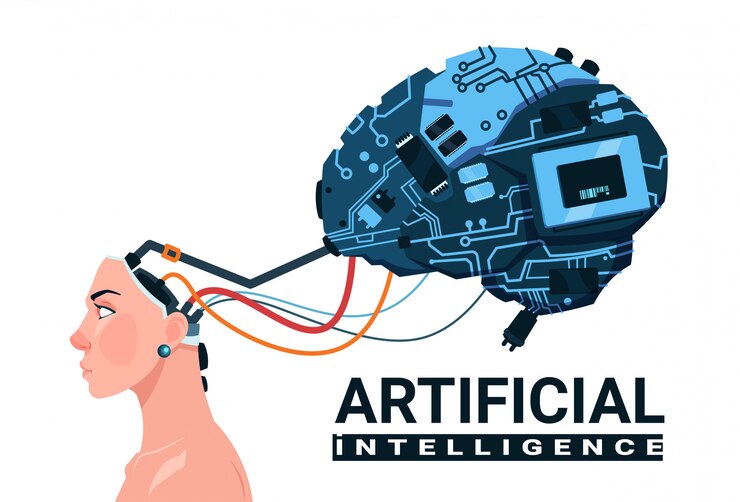 Vector female head with modern cyborg brain isolated on white background artificial intelligence concept