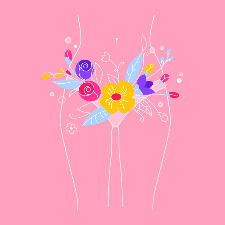 女性の健康の概念。女性の衛生状態。女の子の月経の期間。花と葉を持つ女性の身体のイラスト。ボディケア、減量、治療についての様式化された図。