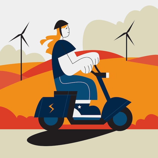 Vector female in helmet sitting on scooter near wind turbines concept of reducing world energy consumption