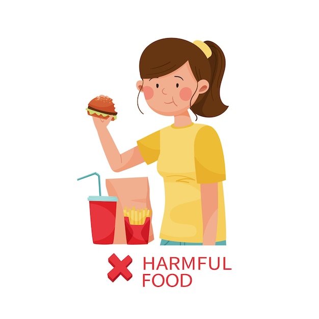 Vector female holding hamburger consuming fat fast food vector illustration