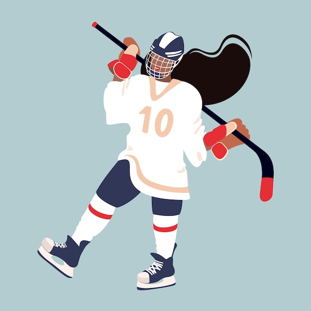 Giocatore di hockey su ghiaccio femminile in attrezzatura da hockey ragazza di hockey con il bastone sport di squadra invernale