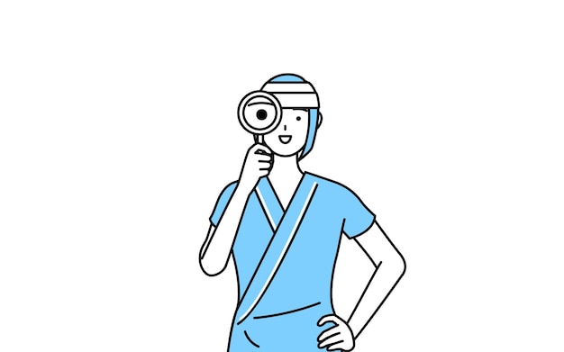 Female inpatient wearing hospital gown and bandage on head looking through magnifying glasses