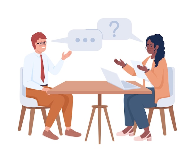 Vector female interviewer asking potential employee semi flat color vector characters