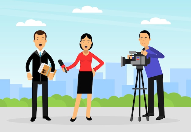 女性ジャーナリストがテレビ放送でインタビューを行い,ニュースと情報ベクトルイラストレーションを報告しています.