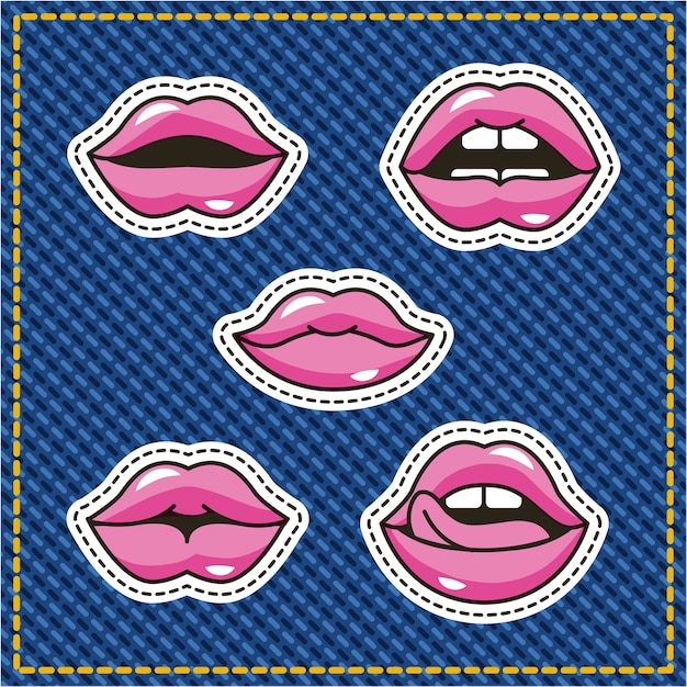 Vector female kiss mouth sensual patch denim background