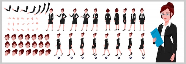 Female lawyer character model sheet with walk cycle animations and lip syncing