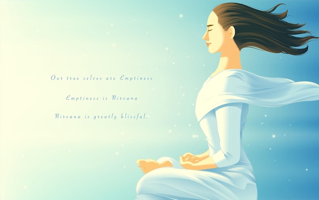 Vettore una donna laica in abito da praticante che pratica la meditazione in posa seduta per spazzare via le passioni e ha scoperto la pace nella sua mente
