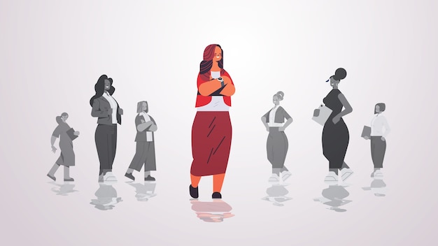 Женщина-лидер, стоящая перед группой бизнесменов, лидерство женской команды, концепция бизнес-конкуренции, горизонтальная иллюстрация